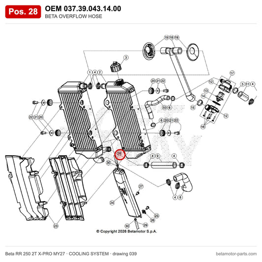 BETA OVERFLOW HOSE – OEM 037.39.043.14.00, position 28 on the Beta RR 250 2T X-PRO MY27 cooling system drawing