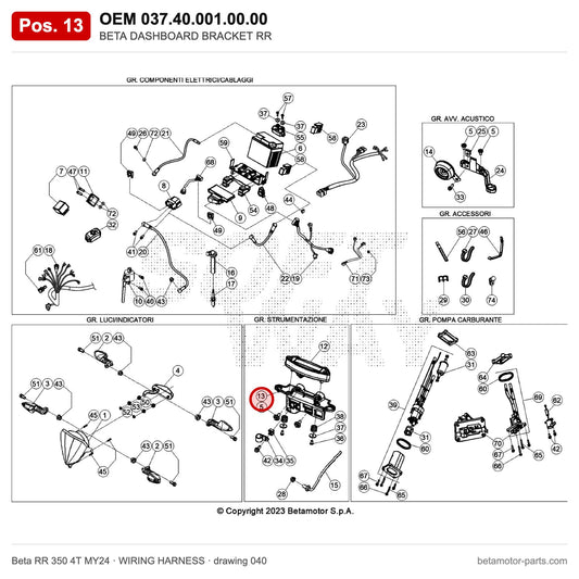 BETA DASHBOARD BRACKET RR – OEM 037.40.001.00.00, position 13 on the Beta RR 350 4T MY24 wiring harness drawing