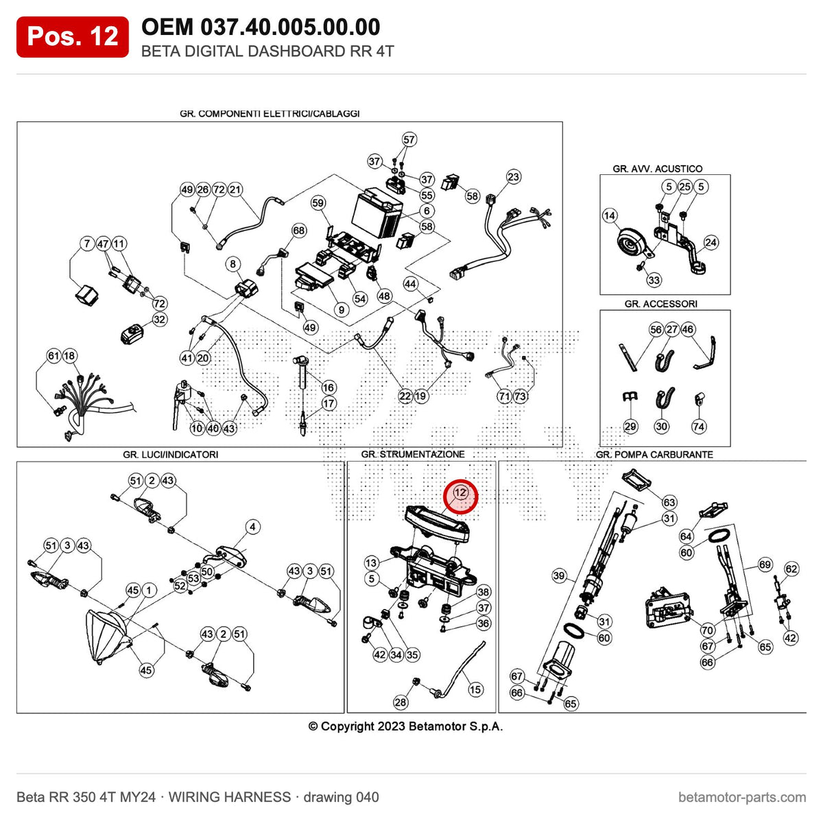 BETA DIGITAL DASHBOARD RR 4T – OEM 037.40.005.00.00, position 12 on the Beta RR 350 4T MY24 wiring harness drawing