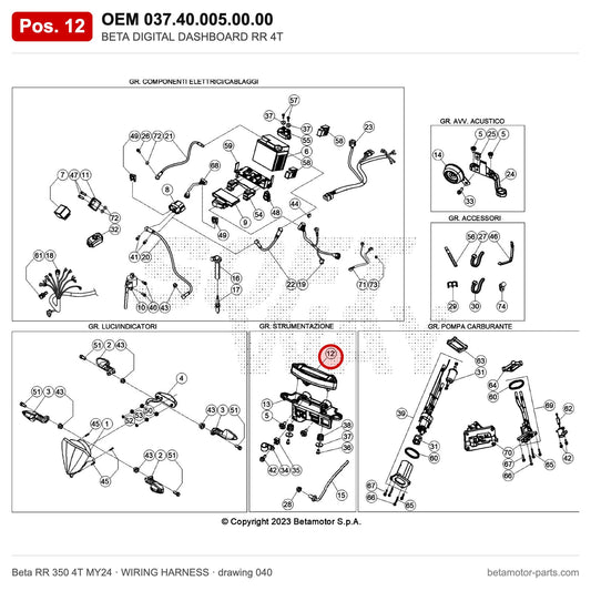 BETA DIGITAL DASHBOARD RR 4T – OEM 037.40.005.00.00, position 12 on the Beta RR 350 4T MY24 wiring harness drawing