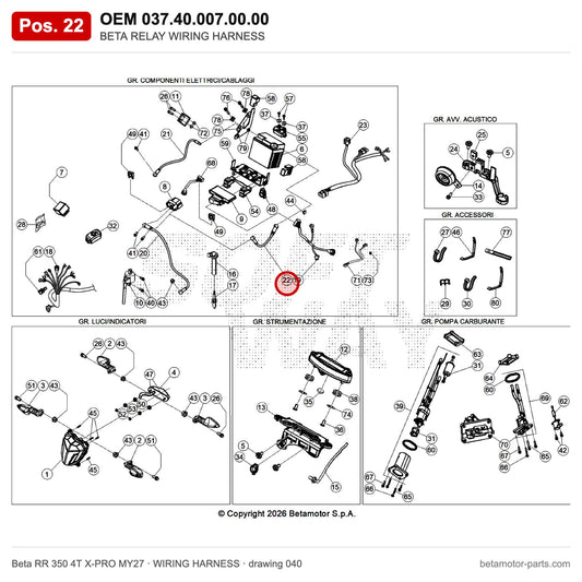 BETA RELAY WIRING HARNESS – OEM 037.40.007.00.00, position 22 on the Beta RR 350 4T X-PRO MY27 wiring harness drawing