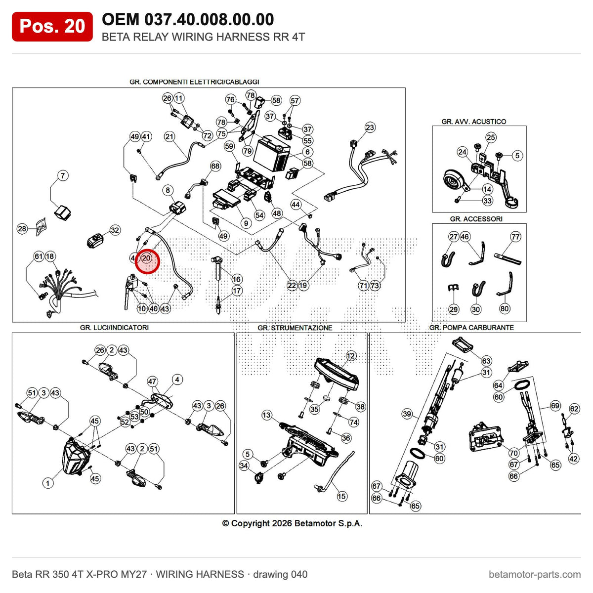 BETA RELAY WIRING HARNESS RR 4T – OEM 037.40.008.00.00, position 20 on the Beta RR 350 4T X-PRO MY27 wiring harness drawing