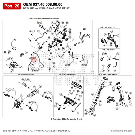 BETA RELAY WIRING HARNESS RR 4T – OEM 037.40.008.00.00, position 20 on the Beta RR 350 4T X-PRO MY27 wiring harness drawing
