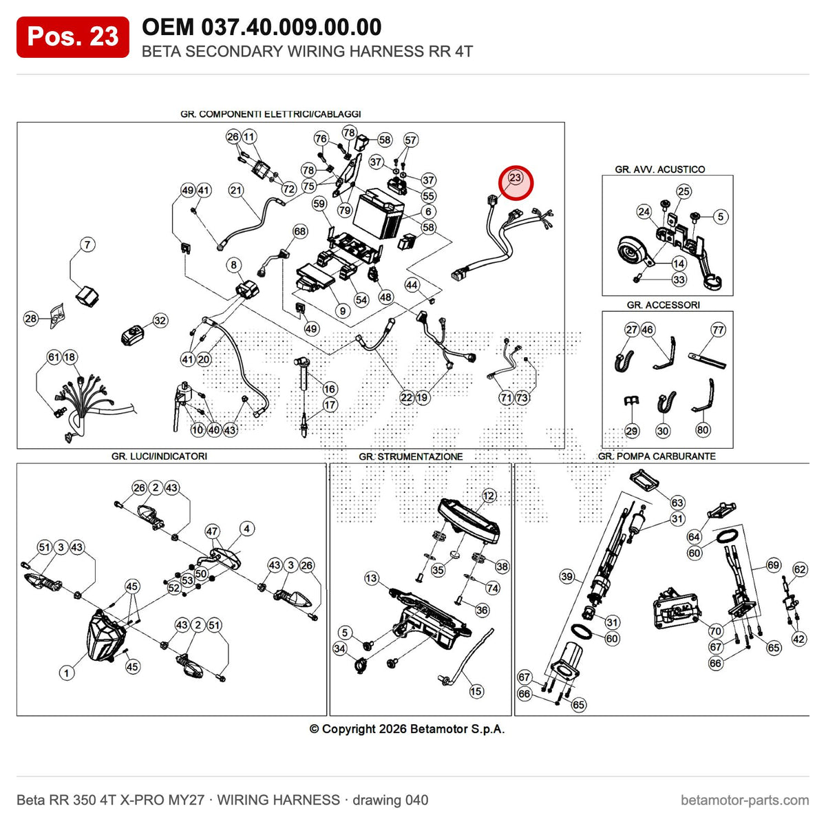 BETA SECONDARY WIRING HARNESS RR 4T – OEM 037.40.009.00.00, position 23 on the Beta RR 350 4T X-PRO MY27 wiring harness drawing