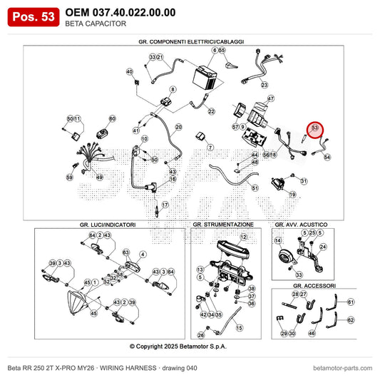 BETA CAPACITOR – OEM 037.40.022.00.00, position 53 on the Beta RR 250 2T X-PRO MY26 wiring harness drawing