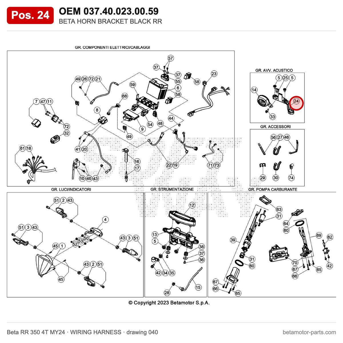 BETA HORN BRACKET BLACK RR – OEM 037.40.023.00.59, position 24 on the Beta RR 350 4T MY24 wiring harness drawing