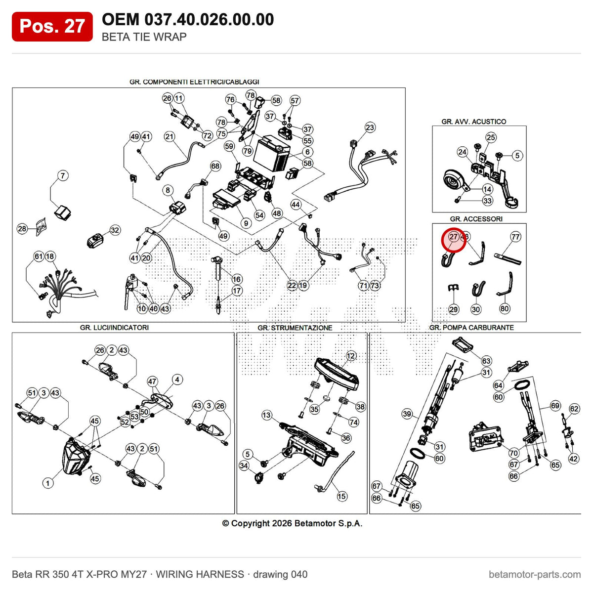 BETA TIE WRAP – OEM 037.40.026.00.00, position 27 on the Beta RR 350 4T X-PRO MY27 wiring harness drawing