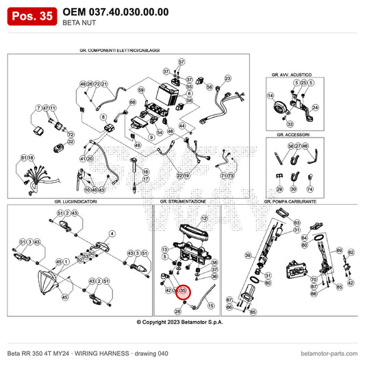 BETA NUT – OEM 037.40.030.00.00, position 35 on the Beta RR 350 4T MY24 wiring harness drawing