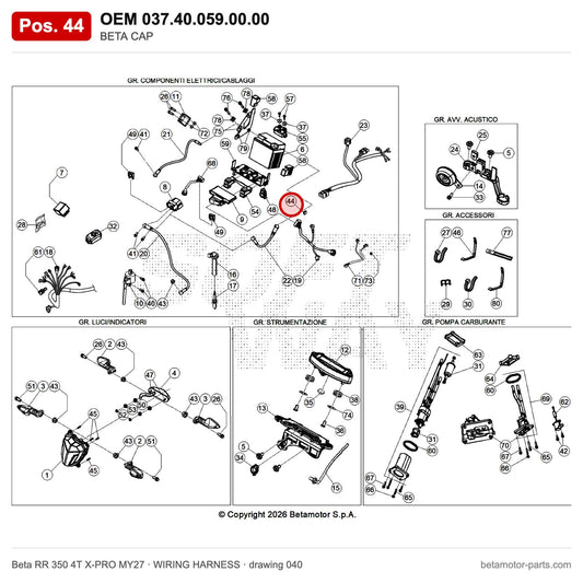 BETA CAP – OEM 037.40.059.00.00, position 44 on the Beta RR 350 4T X-PRO MY27 wiring harness drawing