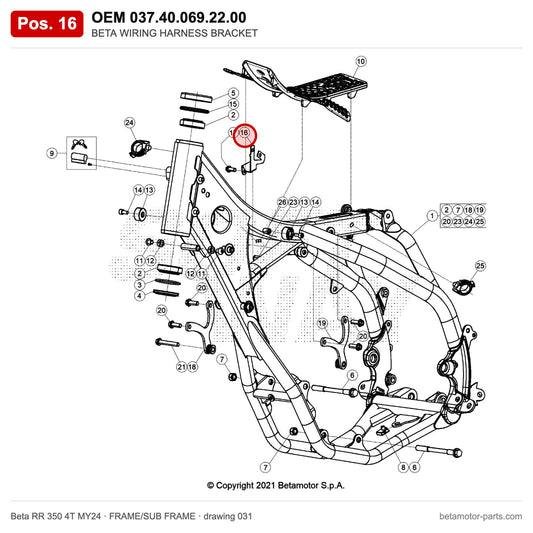 BETA WIRING HARNESS BRACKET – OEM 037.40.069.22.00, position 16 on the Beta RR 350 4T MY24 frame/sub frame drawing