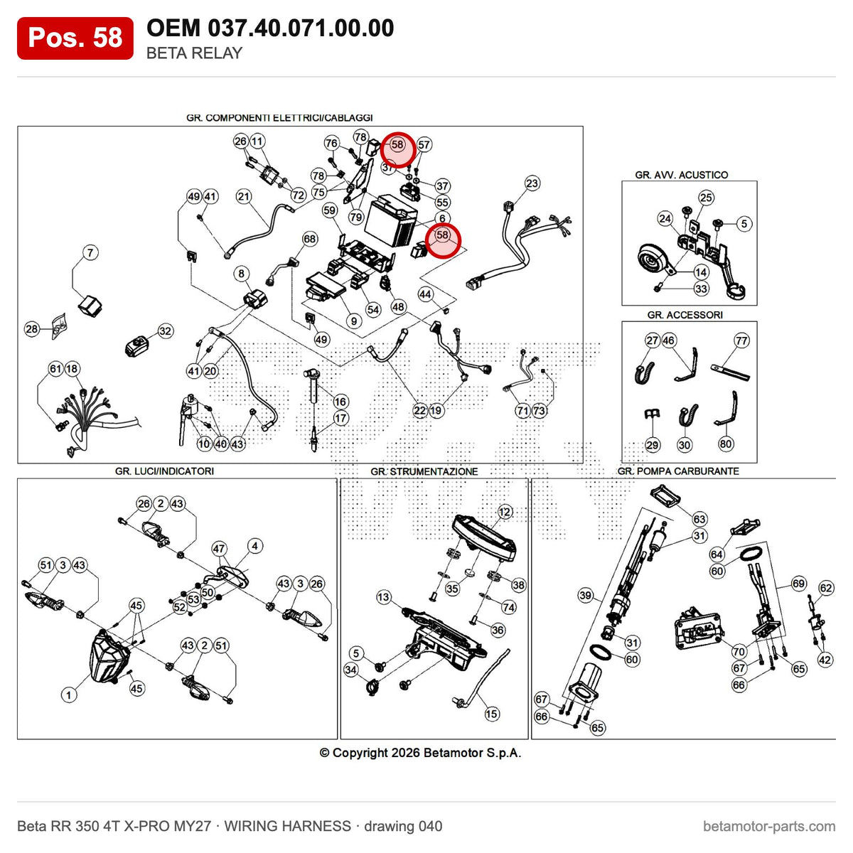 BETA RELAY – OEM 037.40.071.00.00, position 58 on the Beta RR 350 4T X-PRO MY27 wiring harness drawing