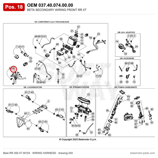 BETA SECONDARY WIRING FRONT RR 4T – OEM 037.40.074.00.00, position 18 on the Beta RR 350 4T MY24 wiring harness drawing