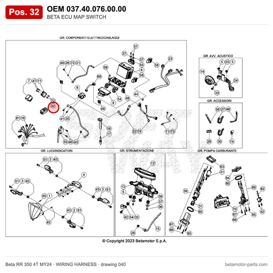BETA ECU MAP SWITCH – OEM 037.40.076.00.00, position 32 on the Beta RR 350 4T MY24 wiring harness drawing
