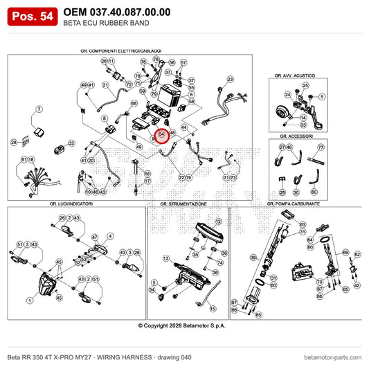 BETA ECU RUBBER BAND – OEM 037.40.087.00.00, position 54 on the Beta RR 350 4T X-PRO MY27 wiring harness drawing