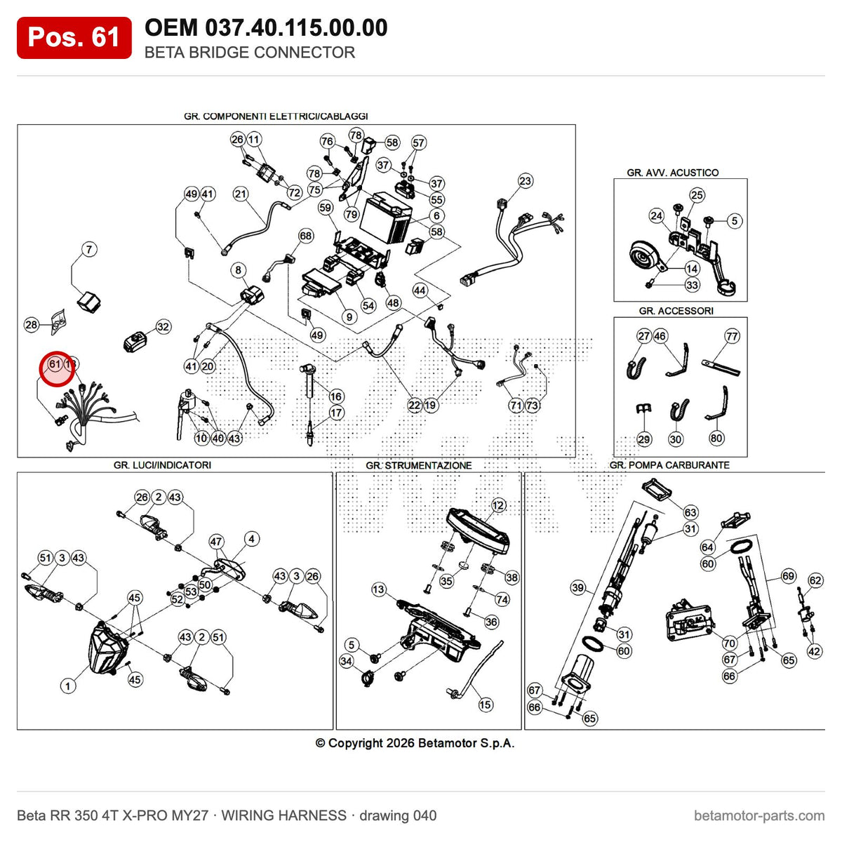 BETA BRIDGE CONNECTOR – OEM 037.40.115.00.00, position 61 on the Beta RR 350 4T X-PRO MY27 wiring harness drawing