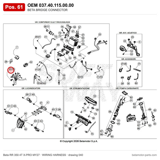 BETA BRIDGE CONNECTOR – OEM 037.40.115.00.00, position 61 on the Beta RR 350 4T X-PRO MY27 wiring harness drawing