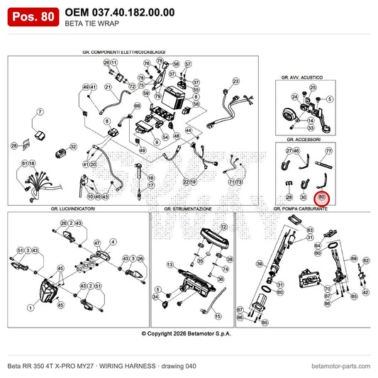 BETA TIE WRAP – OEM 037.40.182.00.00, position 80 on the Beta RR 350 4T X-PRO MY27 wiring harness drawing