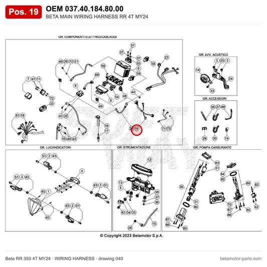 BETA MAIN WIRING HARNESS RR 4T MY24 – OEM 037.40.184.80.00, position 19 on the Beta RR 350 4T MY24 wiring harness drawing