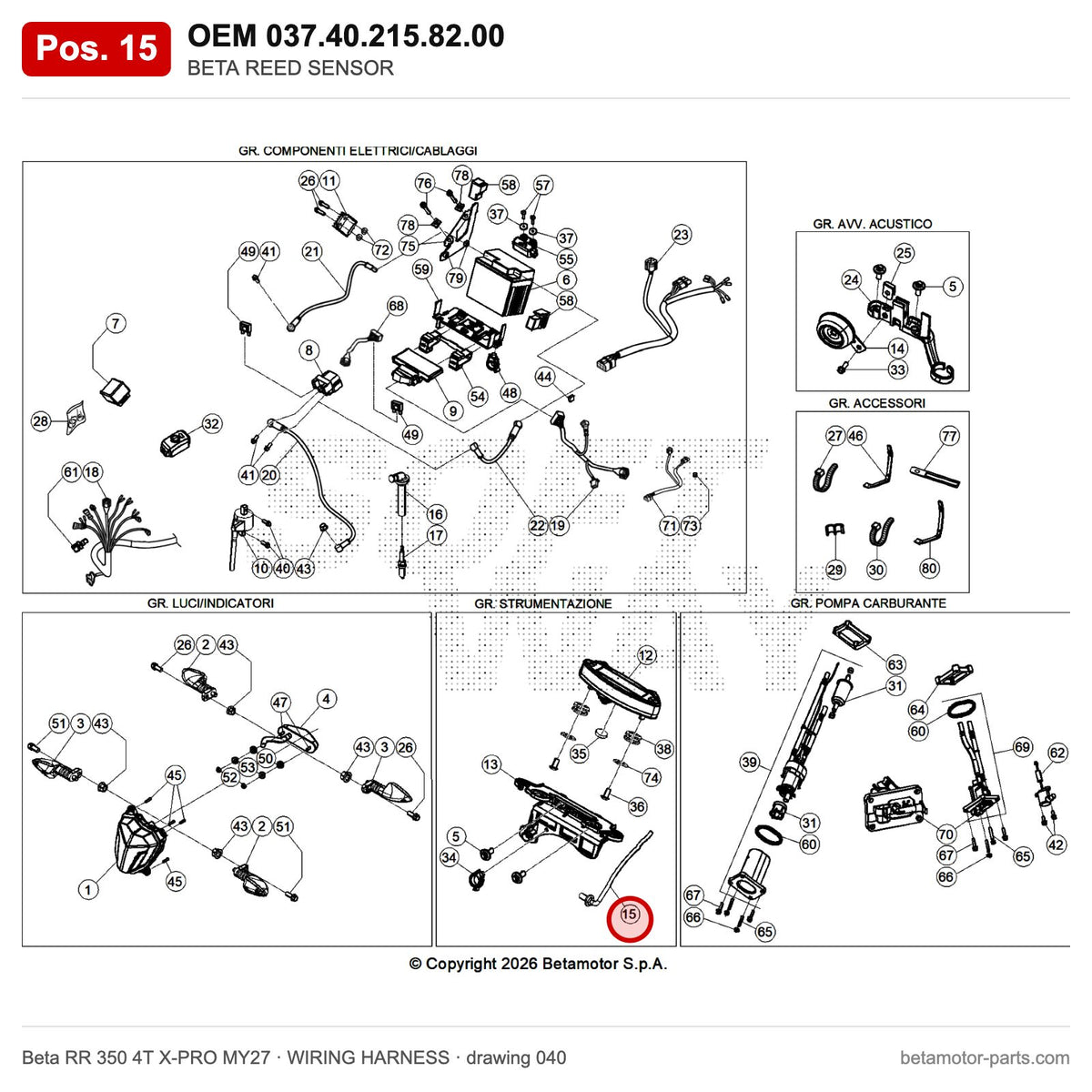 BETA REED SENSOR – OEM 037.40.215.82.00, position 15 on the Beta RR 350 4T X-PRO MY27 wiring harness drawing