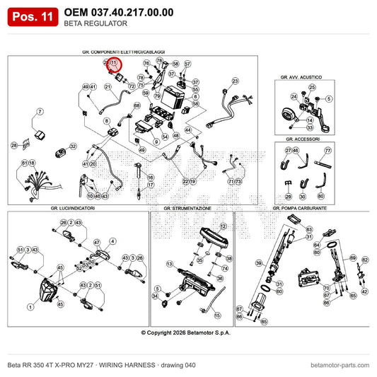 BETA REGULATOR – OEM 037.40.217.00.00, position 11 on the Beta RR 350 4T X-PRO MY27 wiring harness drawing