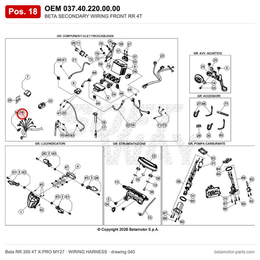 BETA SECONDARY WIRING FRONT RR 4T – OEM 037.40.220.00.00, position 18 on the Beta RR 350 4T X-PRO MY27 wiring harness drawing