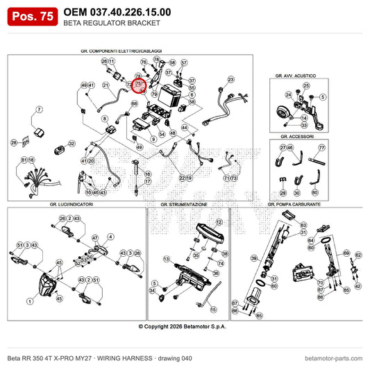 BETA REGULATOR BRACKET – OEM 037.40.226.15.00, position 75 on the Beta RR 350 4T X-PRO MY27 wiring harness drawing