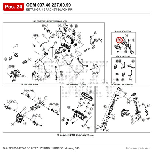 BETA HORN BRACKET BLACK RR – OEM 037.40.227.00.59, position 24 on the Beta RR 350 4T X-PRO MY27 wiring harness drawing