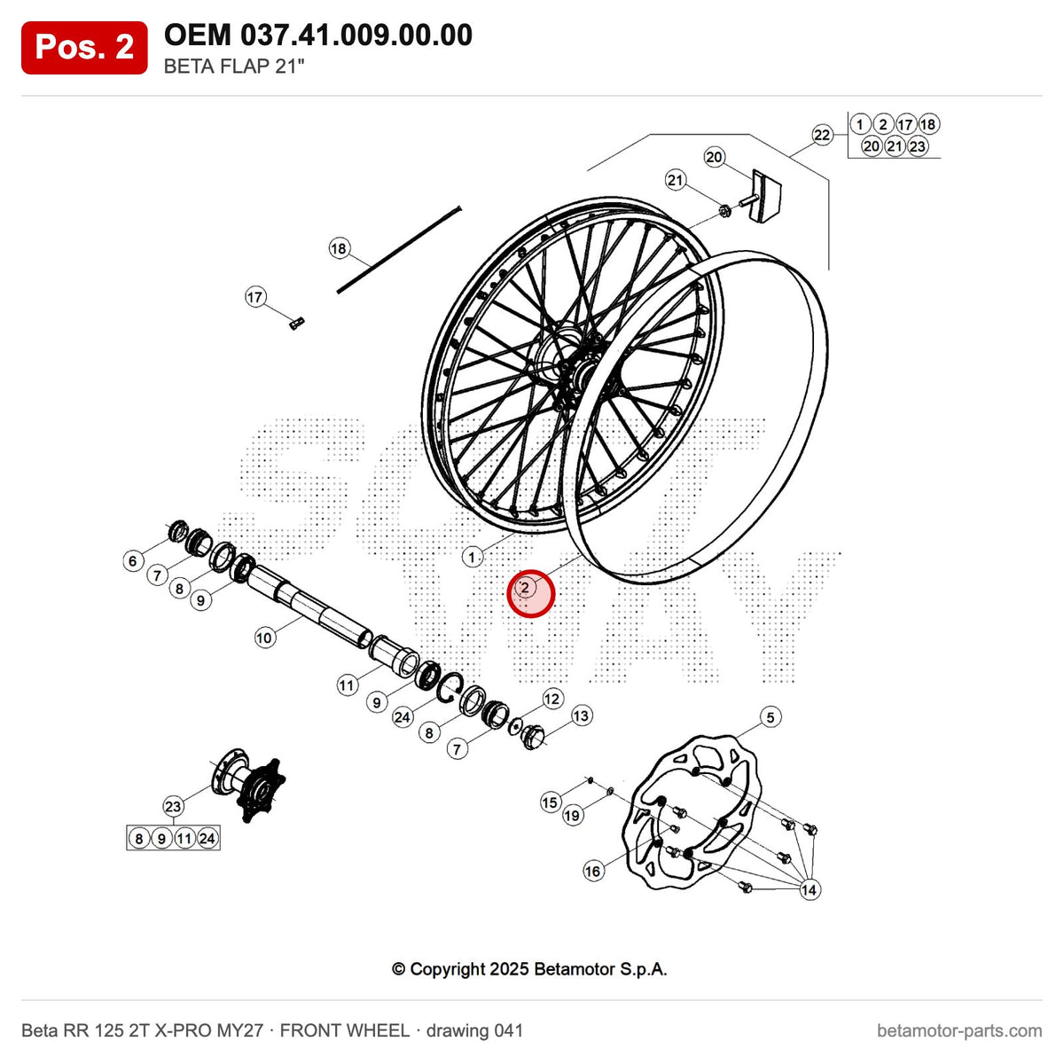 BETA FLAP 21" – OEM 037.41.009.00.00, position 2 on the Beta RR 125 2T X-PRO MY27 front wheel drawing