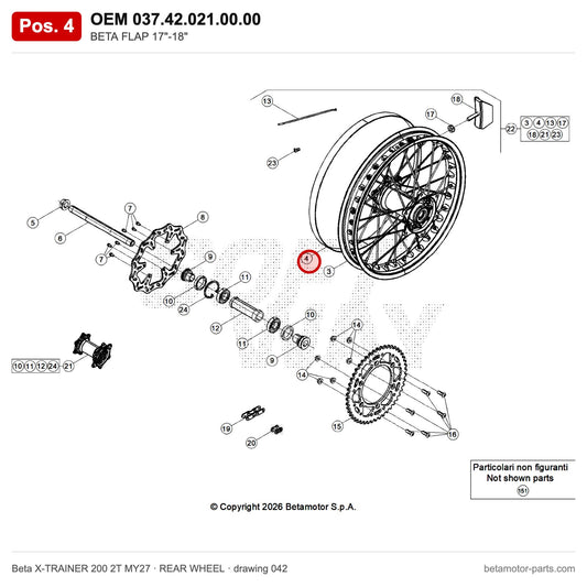 BETA FLAP 17"-18" – OEM 037.42.021.00.00, position 4 on the Beta X-TRAINER 200 2T MY27 rear wheel drawing