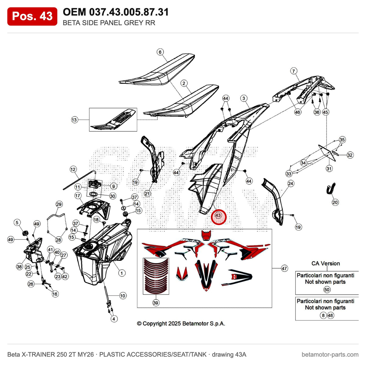 BETA SIDE PANEL GREY RR – OEM 037.43.005.87.31, position 43 on the Beta X-TRAINER 250 2T MY26 plastic accessories/seat/tank drawing