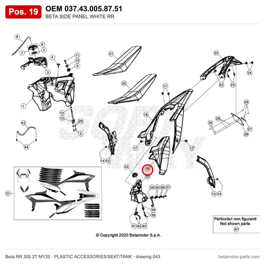 BETA SIDE PANEL WHITE RR – OEM 037.43.005.87.51, position 19 on the Beta RR 300 2T MY20 plastic accessories/seat/tank drawing