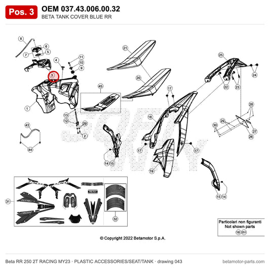 BETA TANK COVER BLUE RR – OEM 037.43.006.00.32, position 3 on the Beta RR 250 2T RACING MY23 plastic accessories/seat/tank drawing