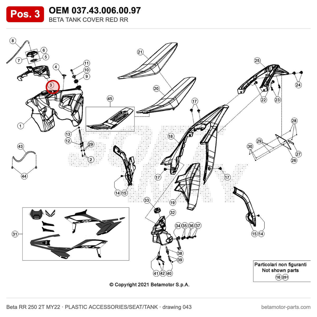 BETA TANK COVER RED RR – OEM 037.43.006.00.97, position 3 on the Beta RR 250 2T MY22 plastic accessories/seat/tank drawing