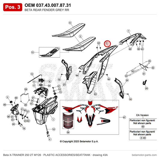 BETA REAR FENDER GREY RR – OEM 037.43.007.87.31, position 3 on the Beta X-TRAINER 250 2T MY26 plastic accessories/seat/tank drawing
