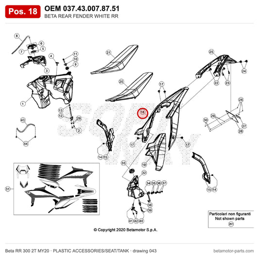 BETA REAR FENDER WHITE RR – OEM 037.43.007.87.51, position 18 on the Beta RR 300 2T MY20 plastic accessories/seat/tank drawing