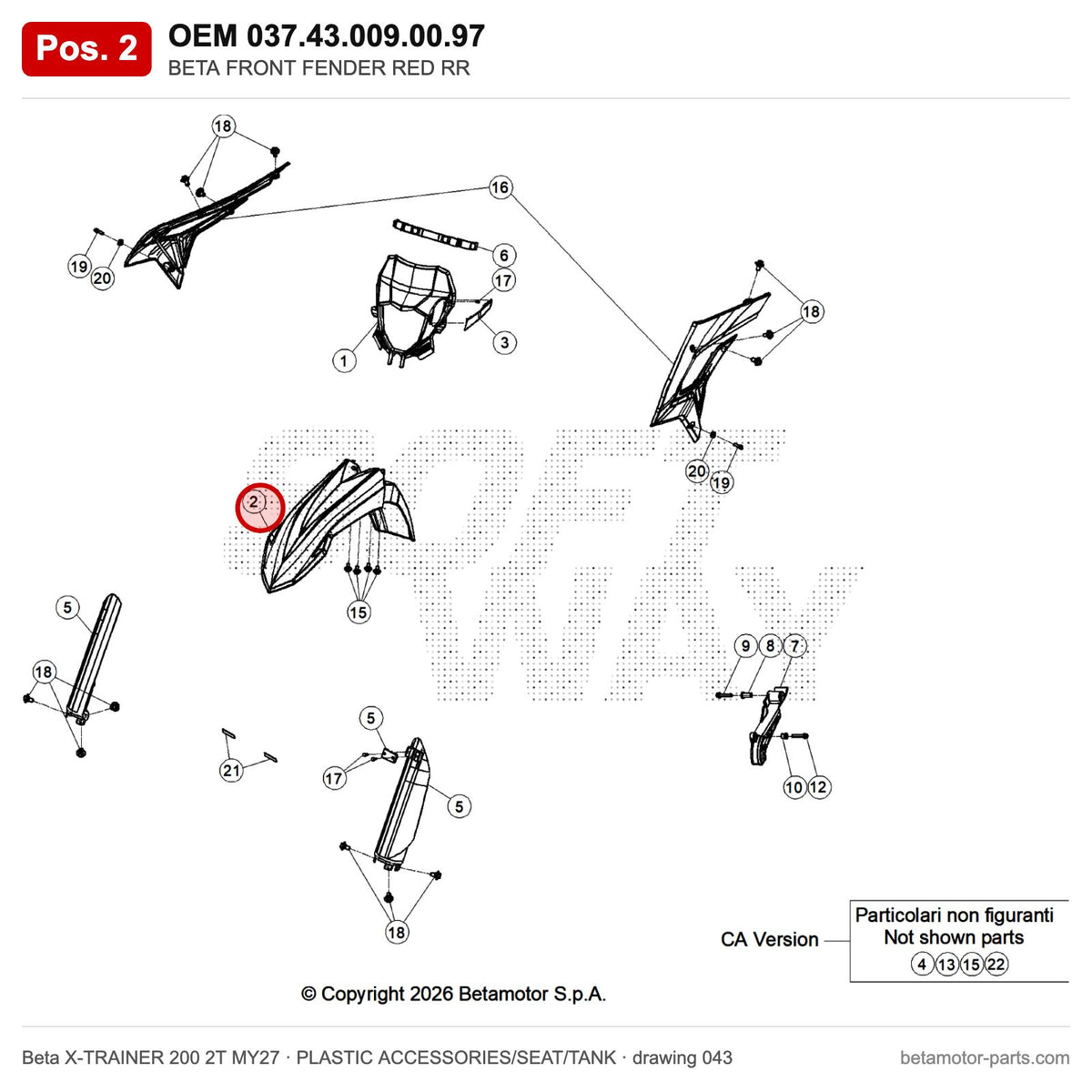 BETA FRONT FENDER RED RR – OEM 037.43.009.00.97, position 2 on the Beta X-TRAINER 200 2T MY27 plastic accessories/seat/tank drawing