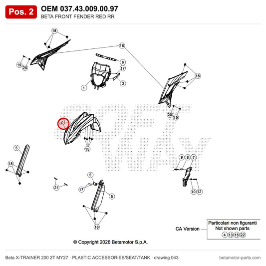 BETA FRONT FENDER RED RR – OEM 037.43.009.00.97, position 2 on the Beta X-TRAINER 200 2T MY27 plastic accessories/seat/tank drawing