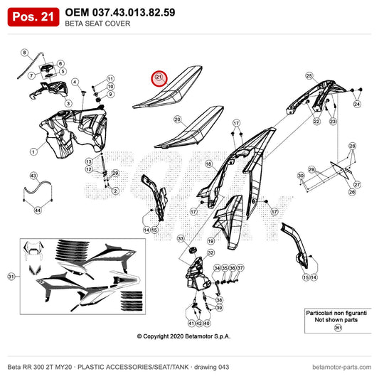 BETA SEAT COVER – OEM 037.43.013.82.59, position 21 on the Beta RR 300 2T MY20 plastic accessories/seat/tank drawing