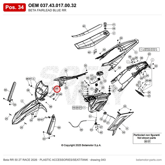 BETA FAIRLEAD BLUE RR – OEM 037.43.017.00.32, position 34 on the Beta RR 50 2T RACE 2026 plastic accessories/seat/tank drawing