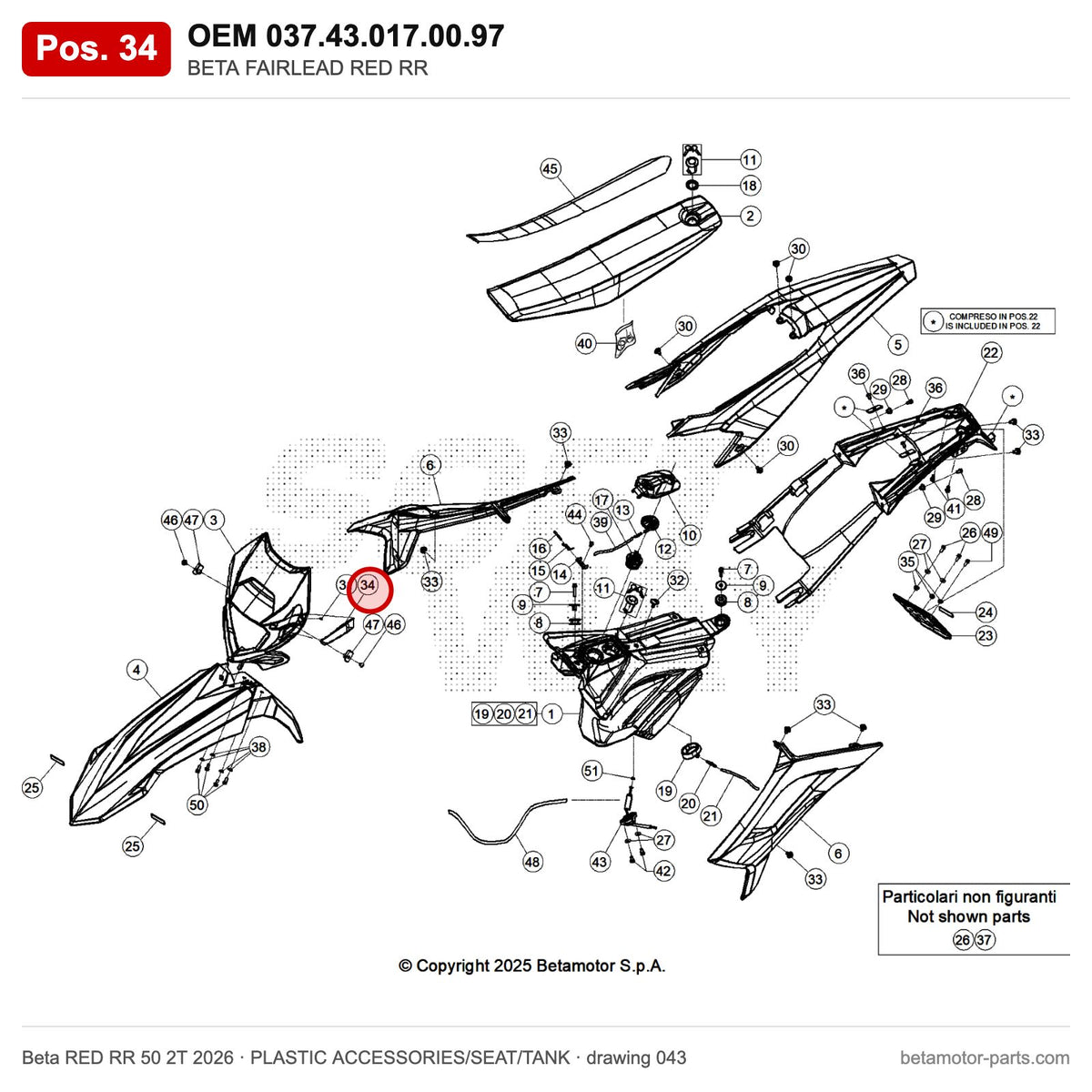 BETA FAIRLEAD RED RR – OEM 037.43.017.00.97, position 34 on the Beta RED RR 50 2T 2026 plastic accessories/seat/tank drawing