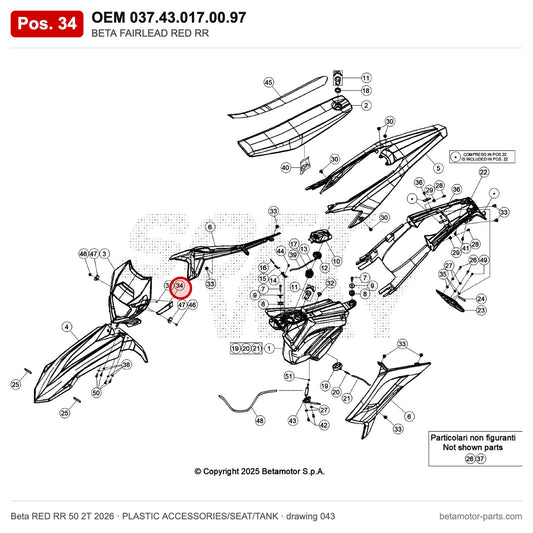 BETA FAIRLEAD RED RR – OEM 037.43.017.00.97, position 34 on the Beta RED RR 50 2T 2026 plastic accessories/seat/tank drawing