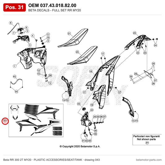 BETA DECALS - FULL SET RR MY20 – OEM 037.43.018.82.00, position 31 on the Beta RR 300 2T MY20 plastic accessories/seat/tank drawing