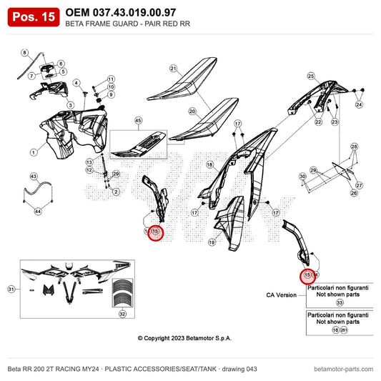 BETA FRAME GUARD - PAIR RED RR – OEM 037.43.019.00.97, position 15 on the Beta RR 200 2T RACING MY24 plastic accessories/seat/tank drawing