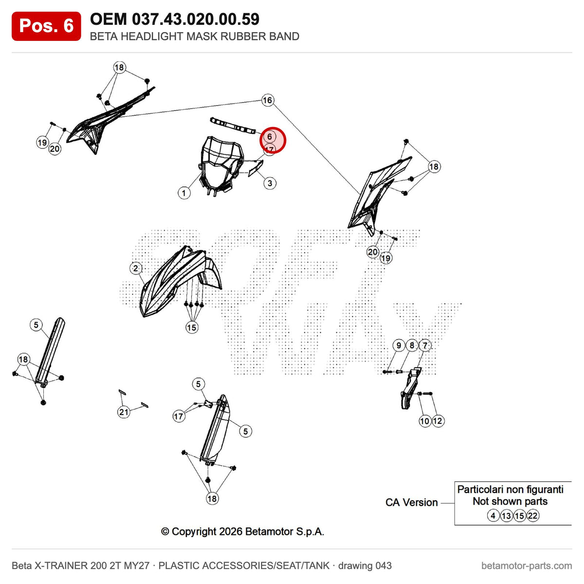 BETA HEADLIGHT MASK RUBBER BAND – OEM 037.43.020.00.59, position 6 on the Beta X-TRAINER 200 2T MY27 plastic accessories/seat/tank drawing