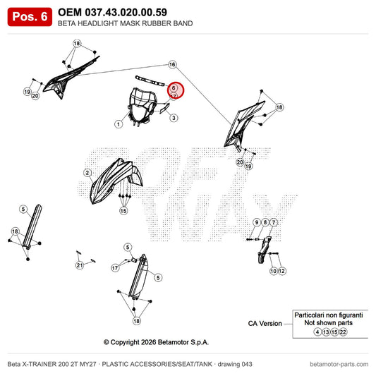 BETA HEADLIGHT MASK RUBBER BAND – OEM 037.43.020.00.59, position 6 on the Beta X-TRAINER 200 2T MY27 plastic accessories/seat/tank drawing