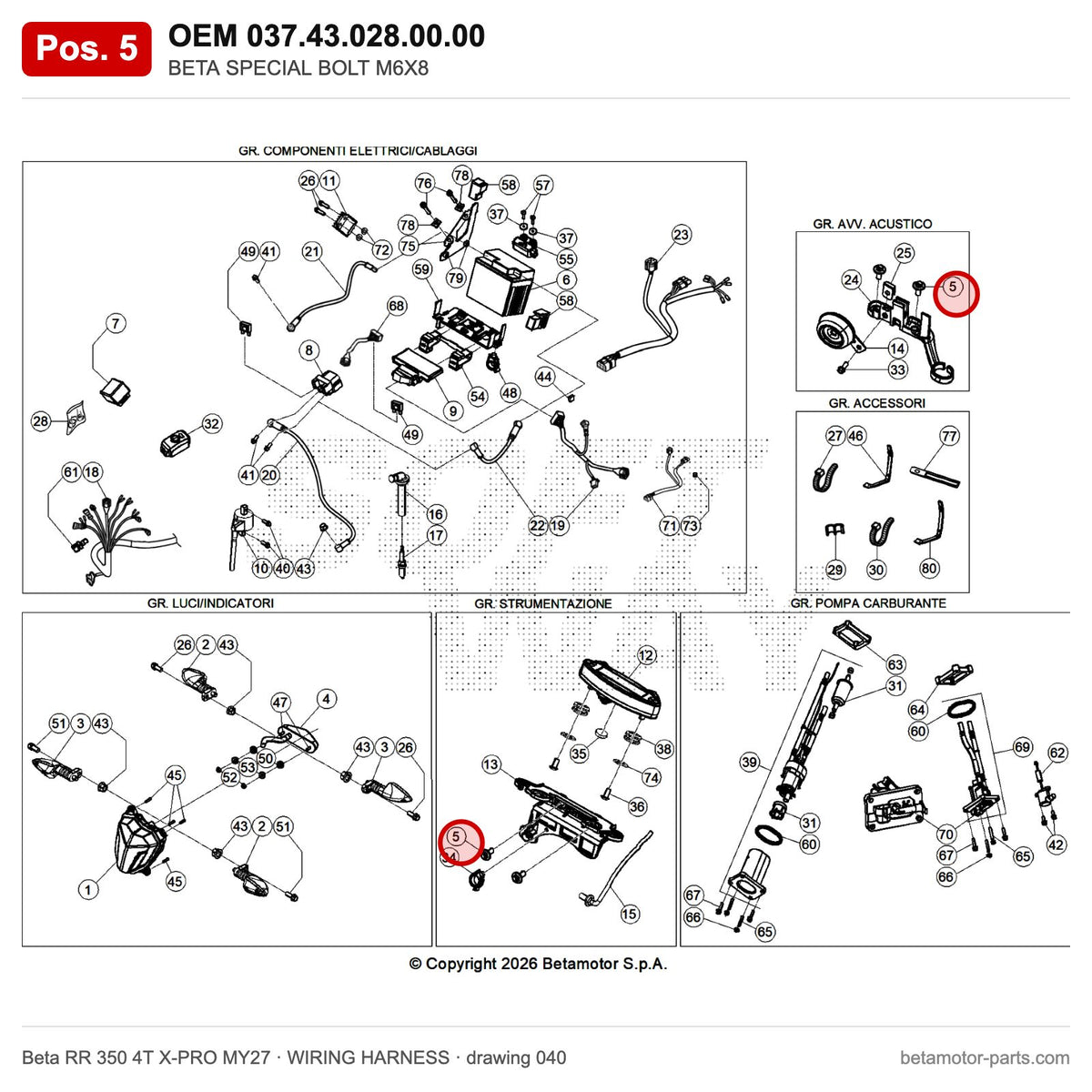 BETA SPECIAL BOLT M6X8 – OEM 037.43.028.00.00, position 5 on the Beta RR 350 4T X-PRO MY27 wiring harness drawing