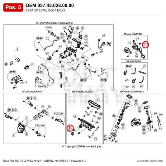 BETA SPECIAL BOLT M6X8 – OEM 037.43.028.00.00, position 5 on the Beta RR 350 4T X-PRO MY27 wiring harness drawing