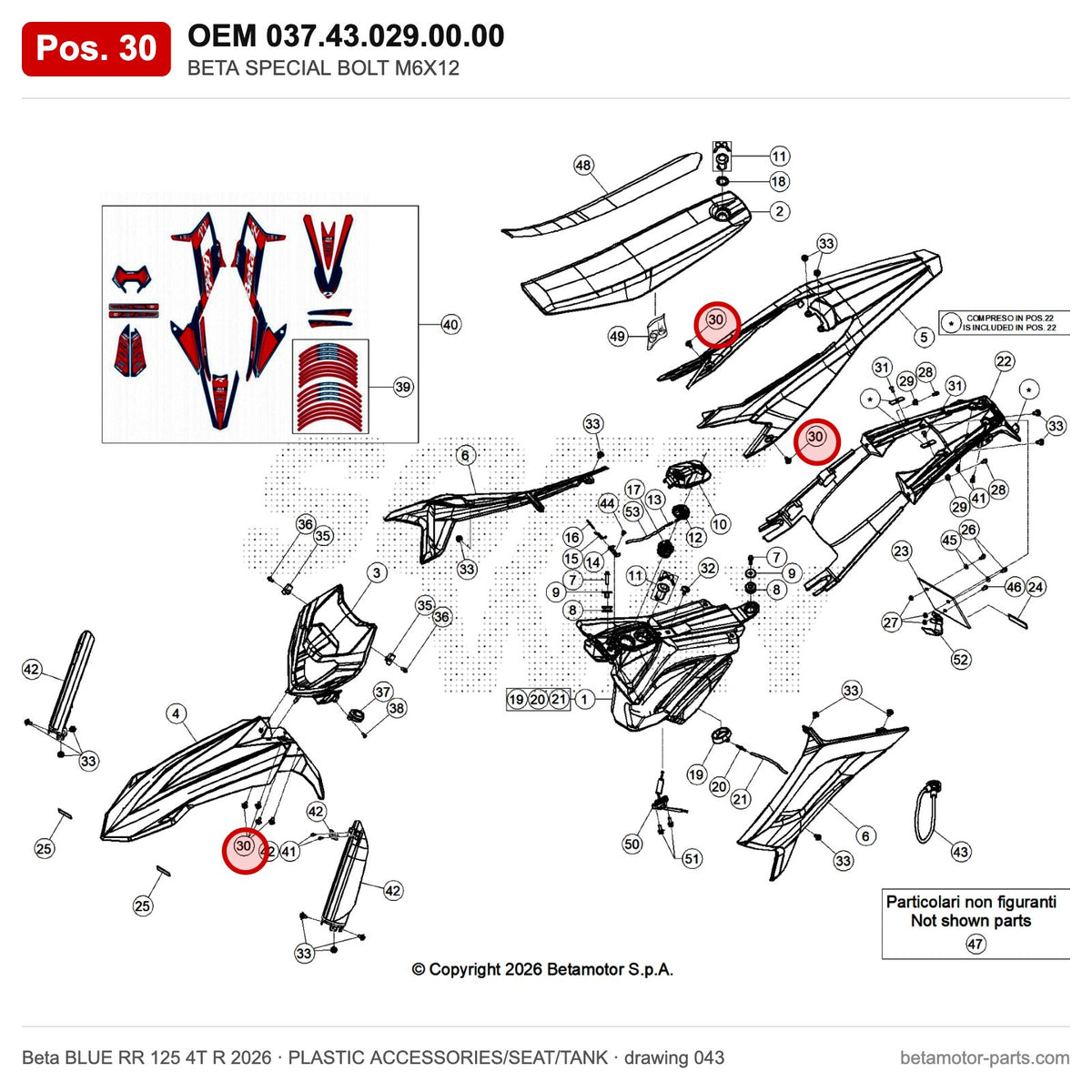 BETA SPECIAL BOLT M6X12 – OEM 037.43.029.00.00, position 30 on the Beta BLUE RR 125 4T R 2026 plastic accessories/seat/tank drawing