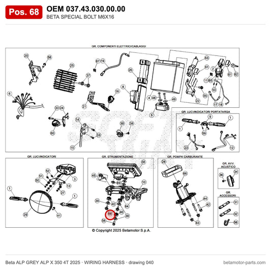 BETA SPECIAL BOLT M6X16 – OEM 037.43.030.00.00, position 68 on the Beta ALP GREY ALP X 350 4T 2025 wiring harness drawing