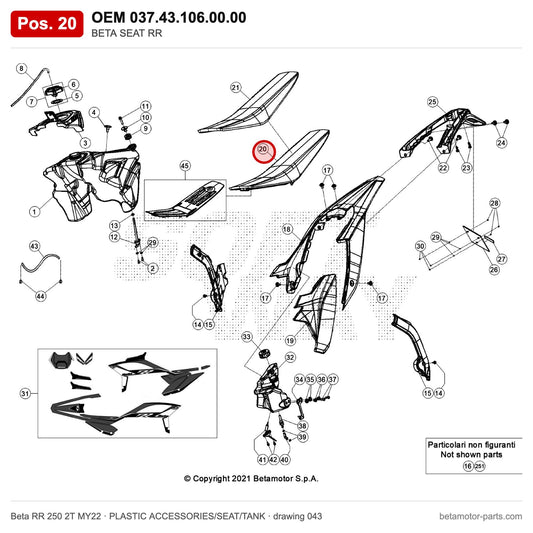 BETA SEAT RR – OEM 037.43.106.00.00, position 20 on the Beta RR 250 2T MY22 plastic accessories/seat/tank drawing